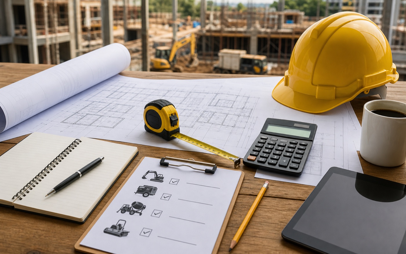 Projeto, calculadora, trena e checklist de equipamentos para planejamento de obra