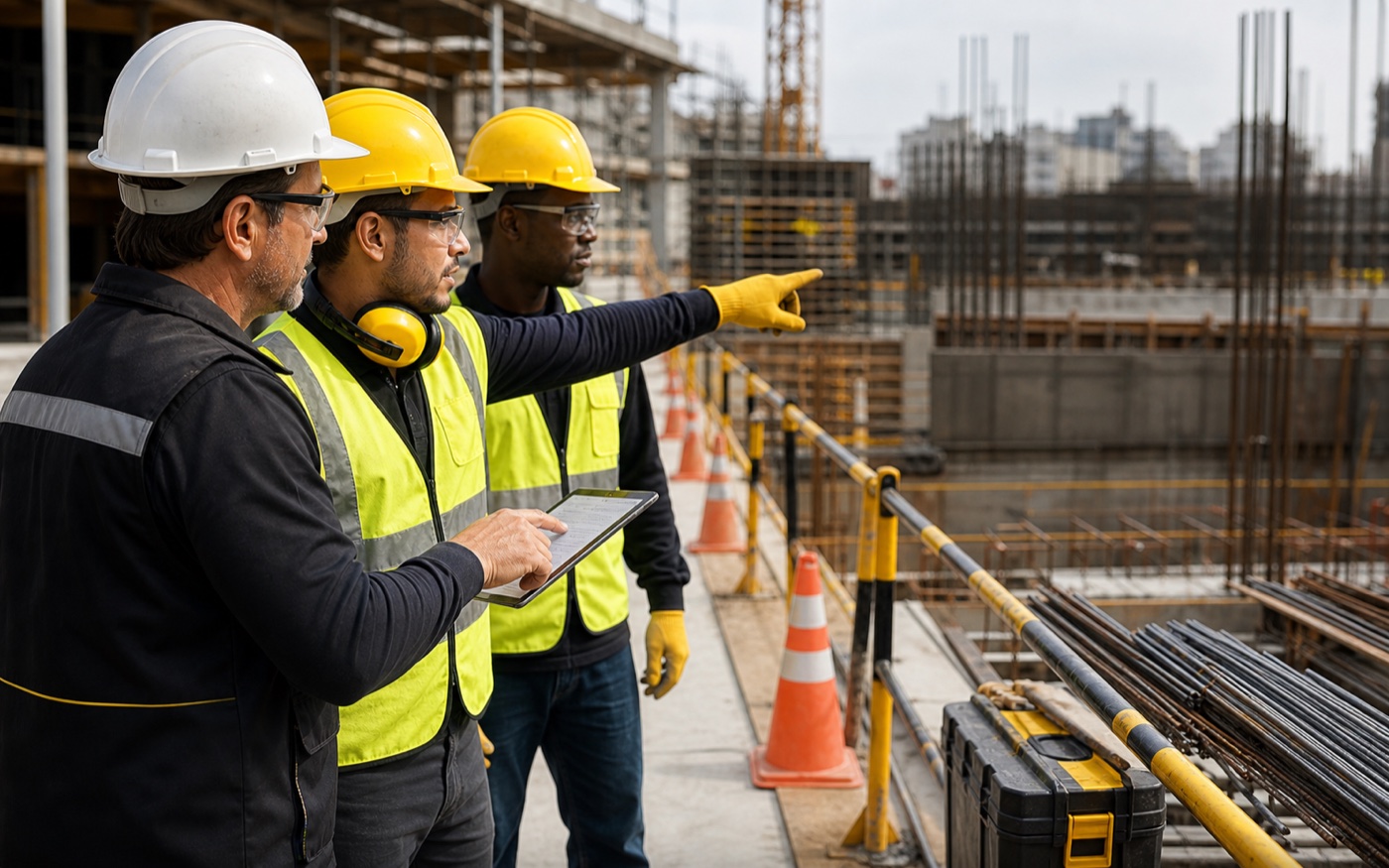 Equipe de obra fazendo inspeção de segurança no canteiro